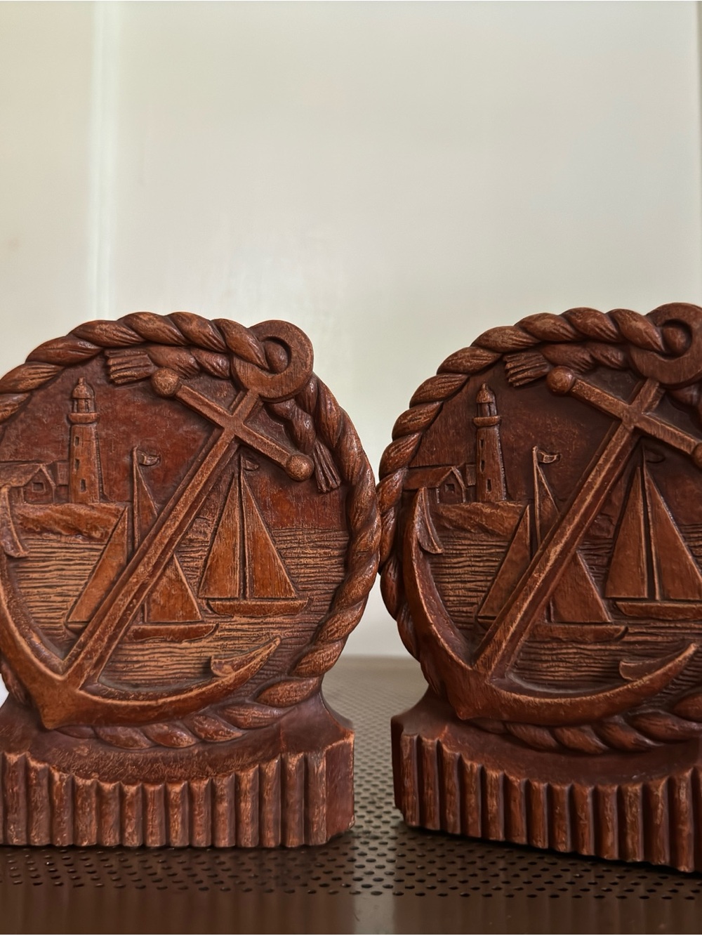 Carved Nautical Anchor & Sailboat Bookends - Brown